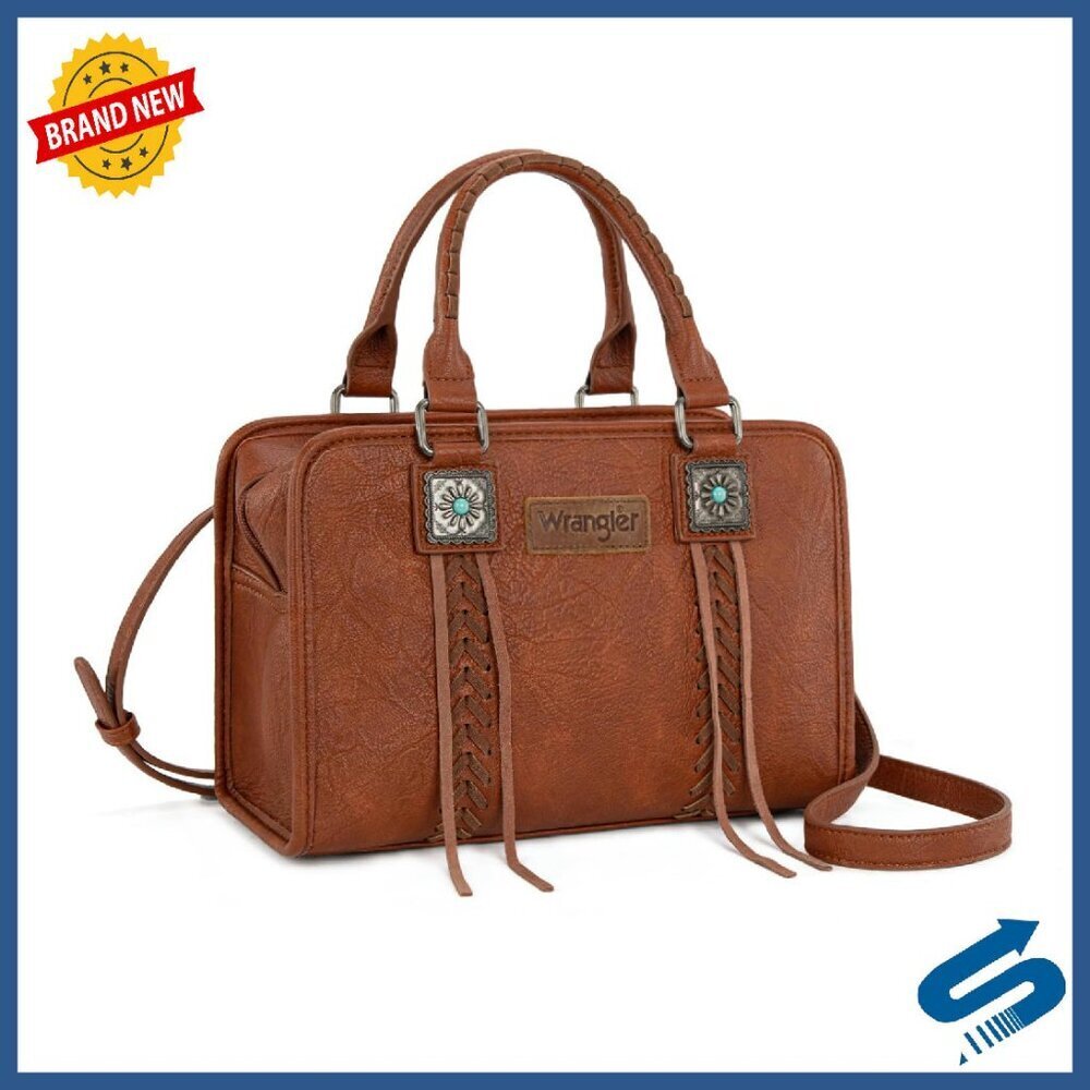 Western Tote Bag with Crossbody Strap, 11.5"L, Leather Tassels, Zippered Pockets